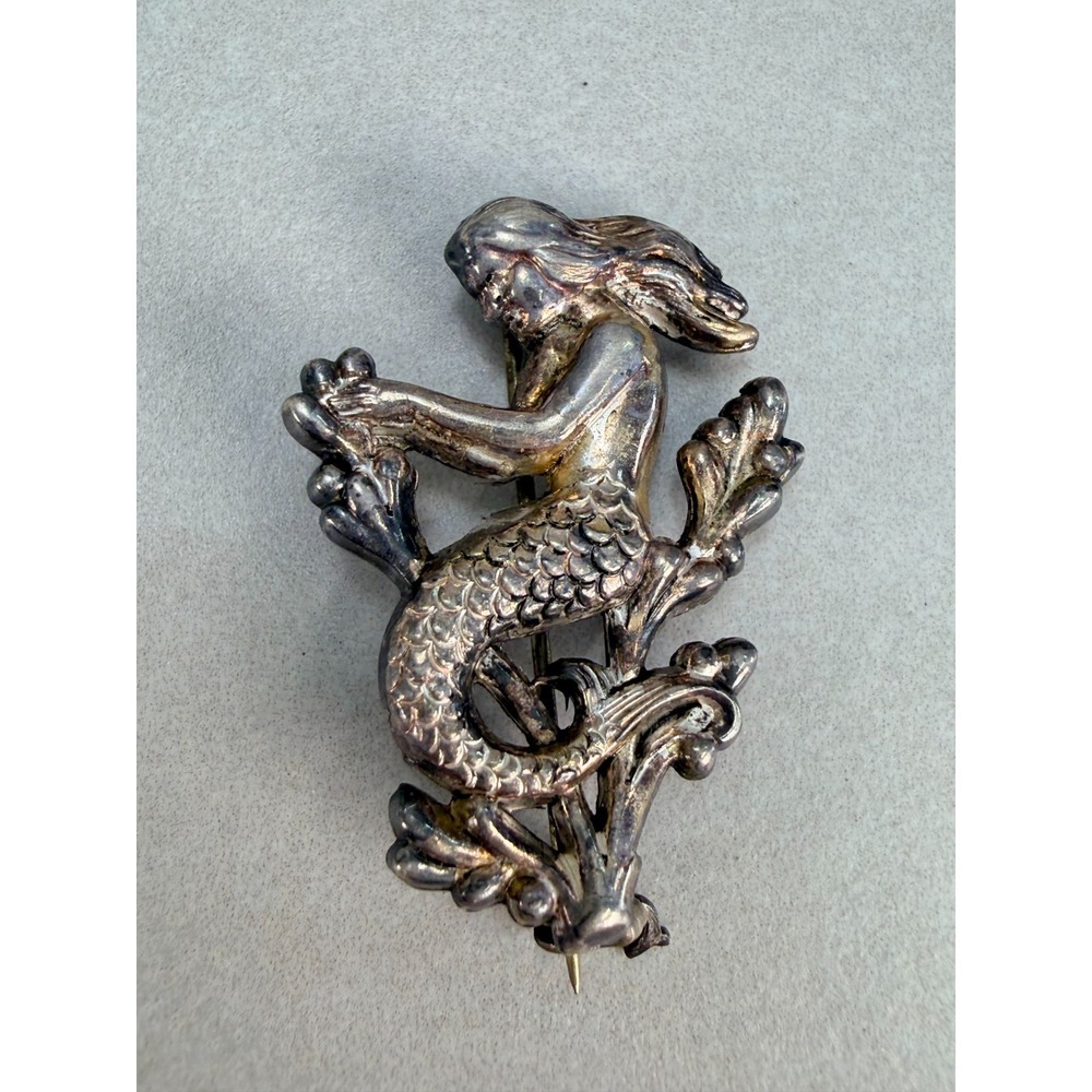 Vintage Sterling Silver Figural Mermaid Brooch Pin Sculptural Ocean Jewelry